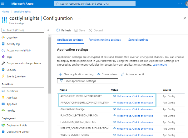 Image 1: Azure Portal Function App configuration view with application settings to be deleted