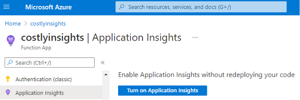 Image 2: Turn on Application Insights under Application Insights tab